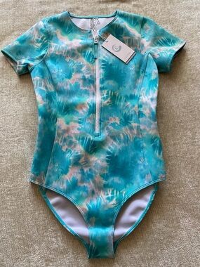 Johnny Was Calme Neoprene One Piece Swimsuit Wetsuit Tie Dye Print Turquoise L
